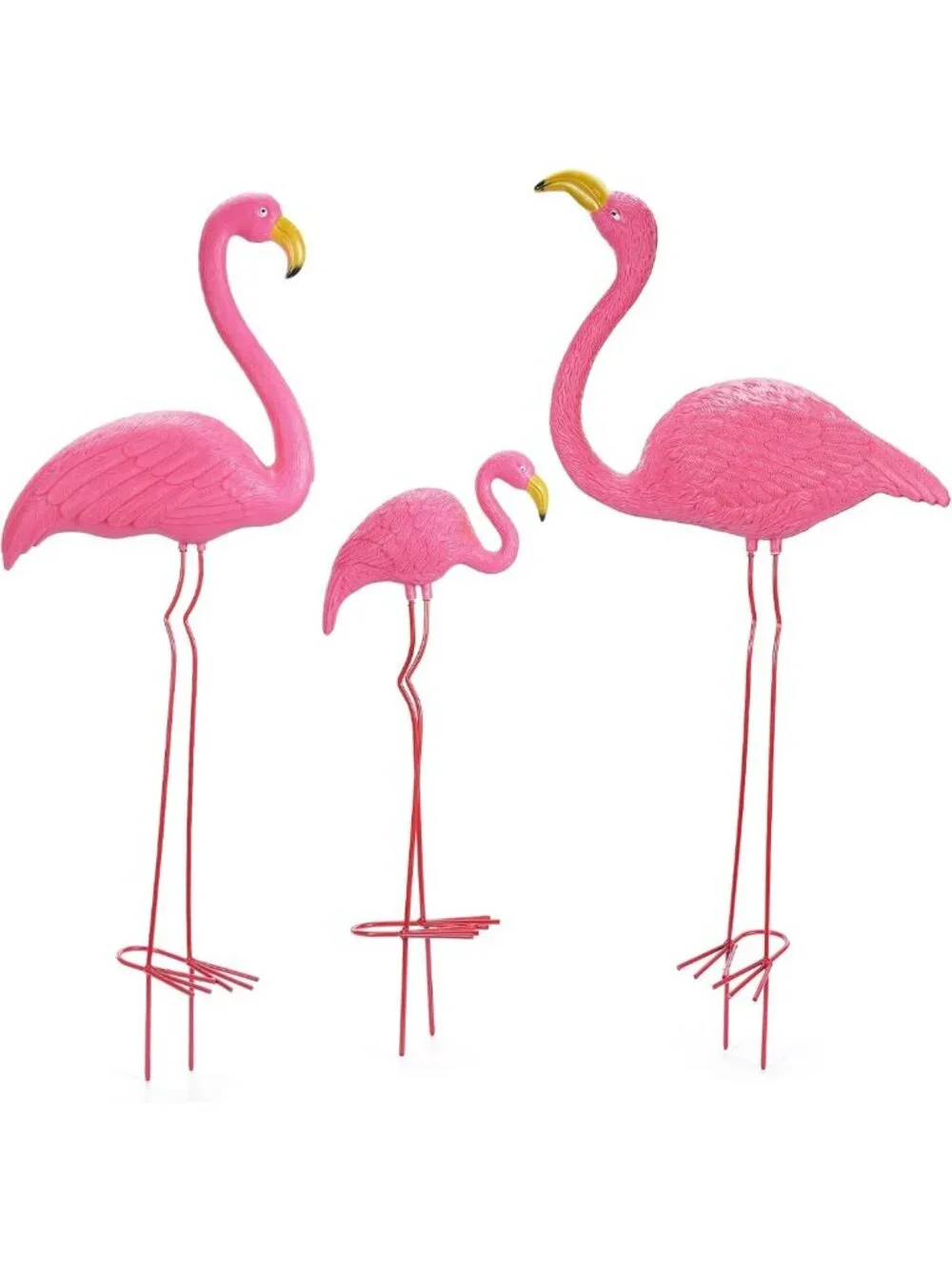 Set of 3 Pink Flamingo Yard Ornaments - Metal Feet Stakes for Garden Decor